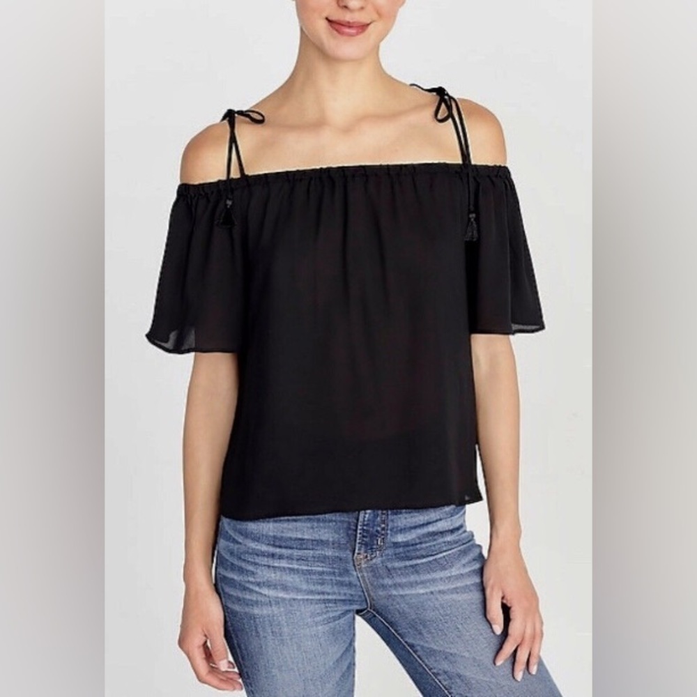 J.Crew Factory Black Off Shoulder Tassel Tie Blouse Flutter Sleeve NWT Size 4